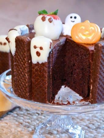 Chocolate halloween cake on a crystal cake stand
