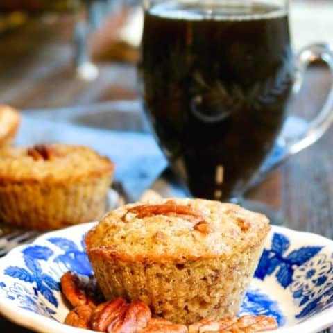 low carb pecan muffins on a blue and white plate