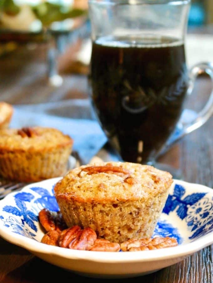 low carb pecan muffins on a blue and white plate