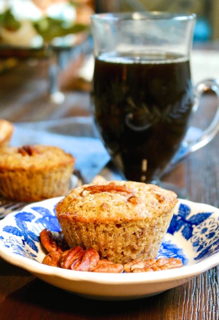low carb pecan muffins on a blue and white plate