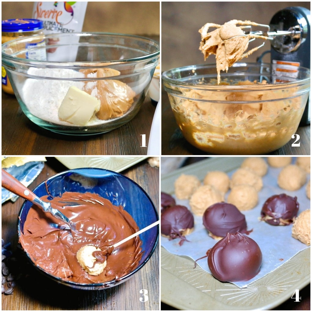 four step by step images on how to make chocolate peanut butter fat bombs