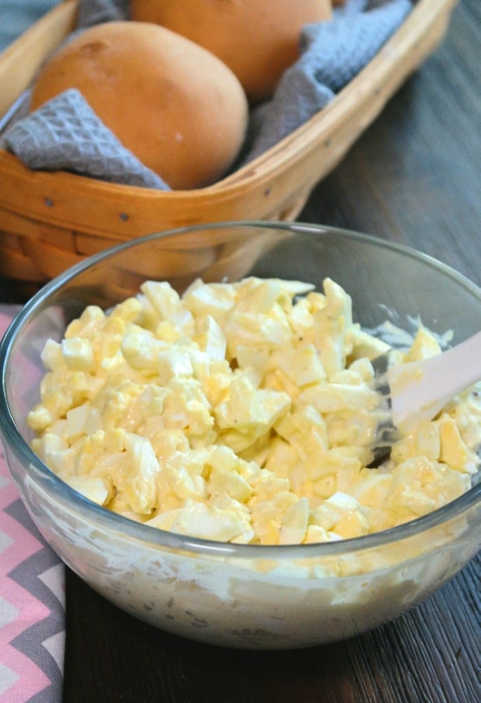egg salad in a clear glass bowl
