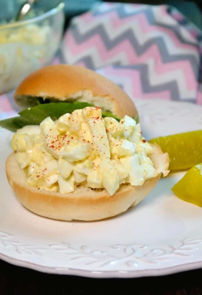 keto egg salad on half of a roll