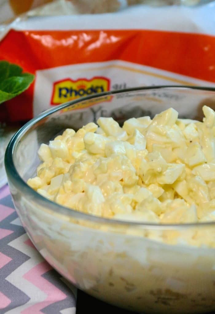 Keto egg salad with mayonnaise in a glass bowl