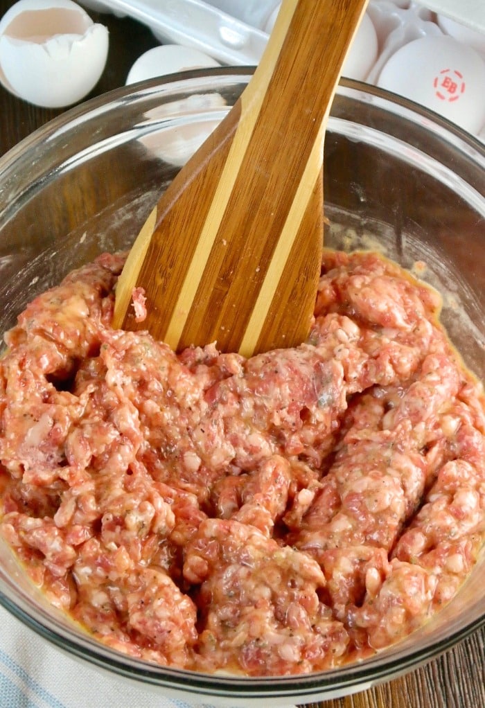 Ground sausage mixed with seasoning for sausage roll recipe in a large bowl