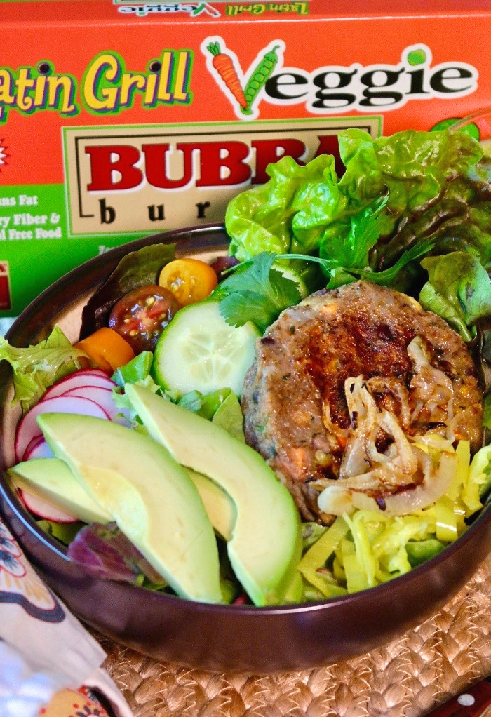 Bubba veggie burger in a brown bowl with salad