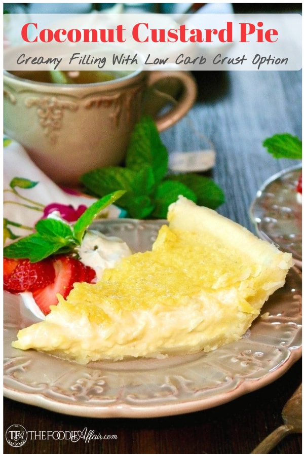 Slice of coconut custard pie on a tan plate