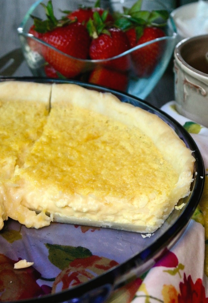 coconut custard pie recipe in a blue pan