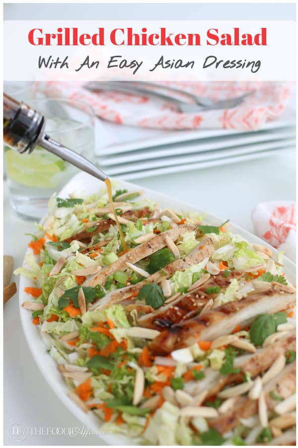 Simple grilled chicken salad with a homemade asian dressing. This recipe is a nice summer meal main dish or enjoy as a side. #grill #poultry #chicken #salad #Asian #thefoodieaffair