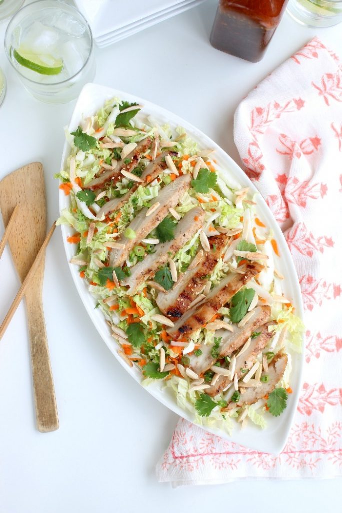 Overhead view of a ginger chicken asian salad recipe.