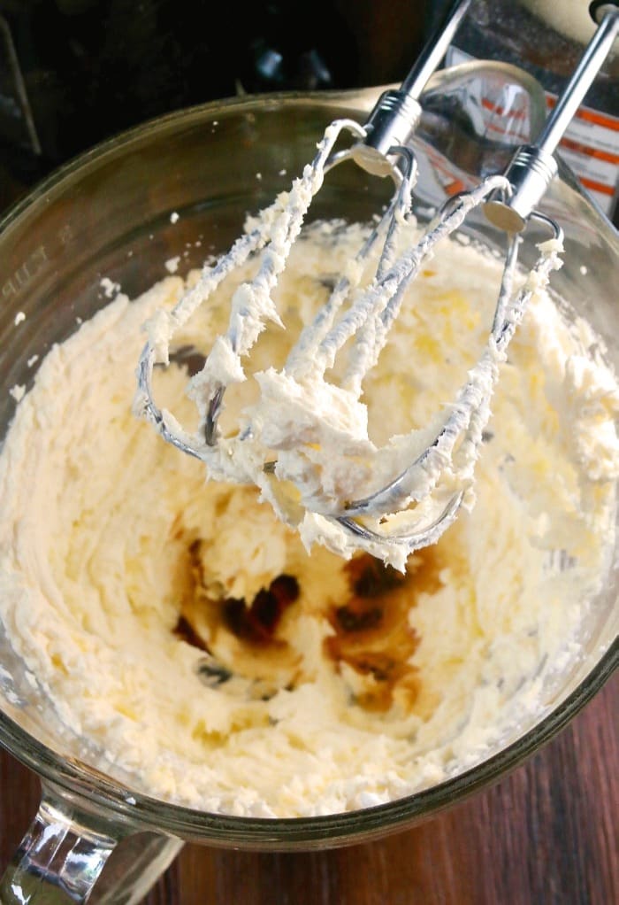 Beating all ingredients for chocolate chip with cream cheese