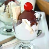 Magic shell on vanilla ice cream in a clear dish