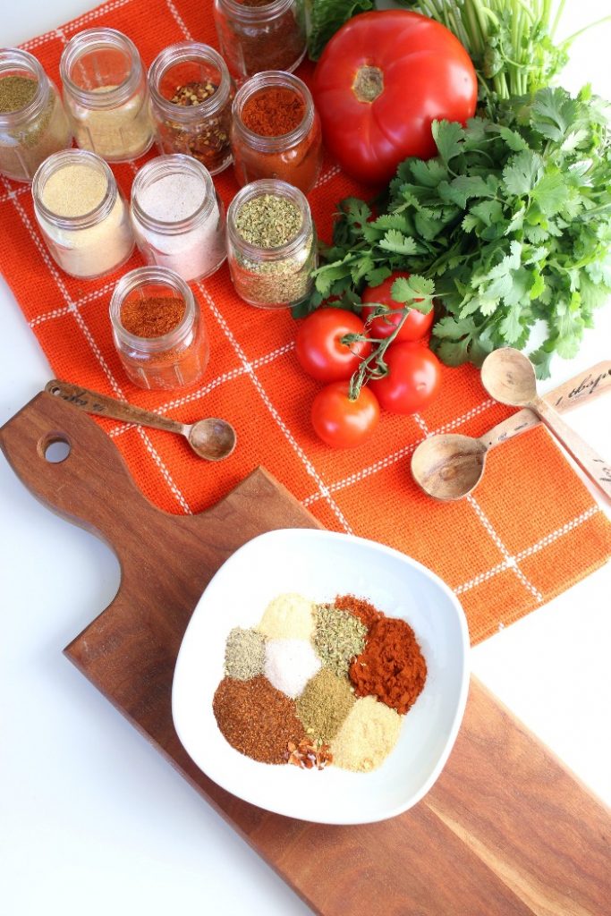 Overhead view of the ingredients for a diy taco seasoning recipe.