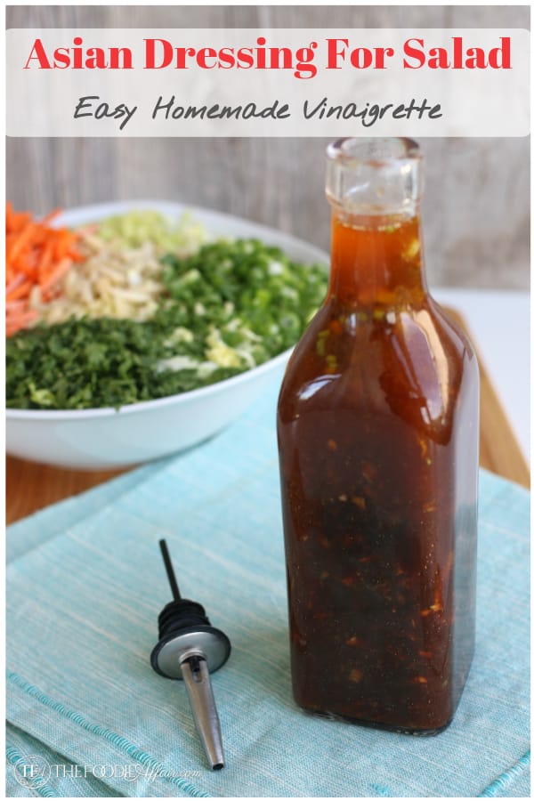 A simple Asian salad dressing is a tasty vinaigrette made with sesame oil, rice vinegar, and soy sauce. Terrific to use on cabbage salads.