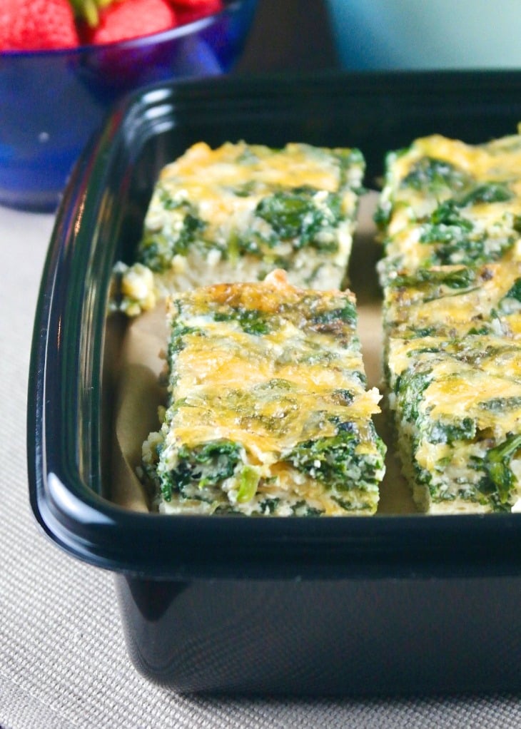 Spinach casserole sliced in individual pieces.