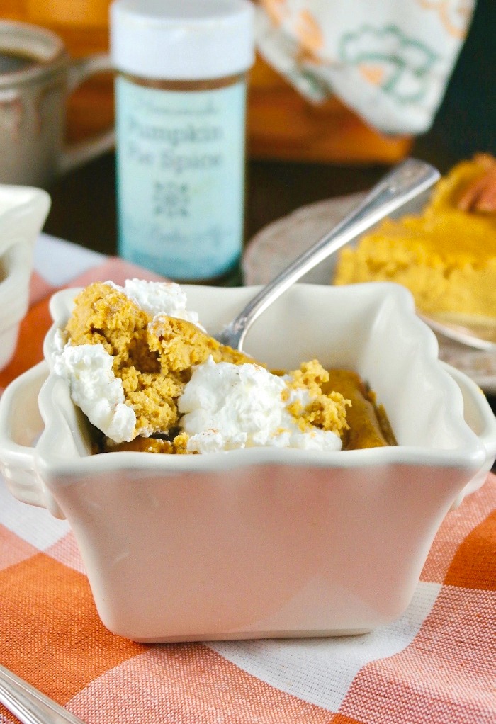 crustless pumpkin pie in a small white serving dish