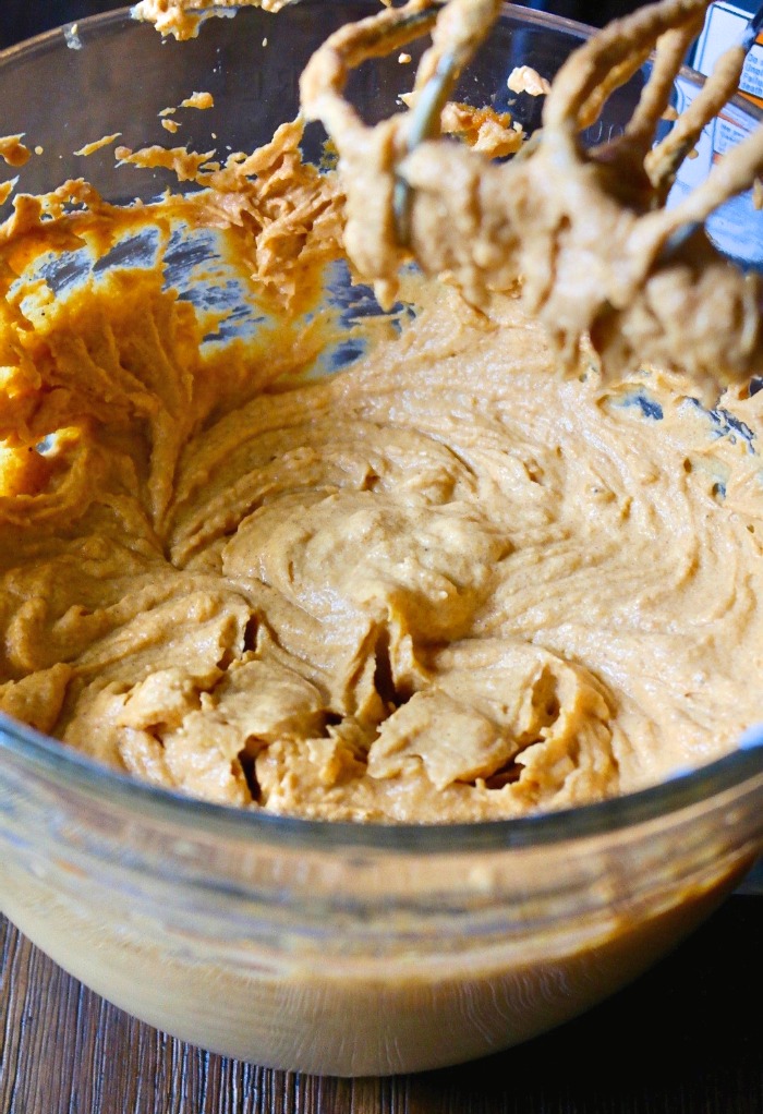 pumpkin pie batter in a clear mixing bowl