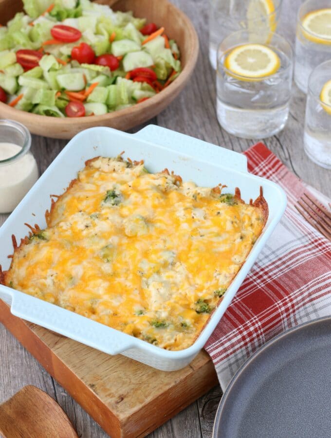 Baked low carb chicken casserole with broccoli fresh from the oven.
