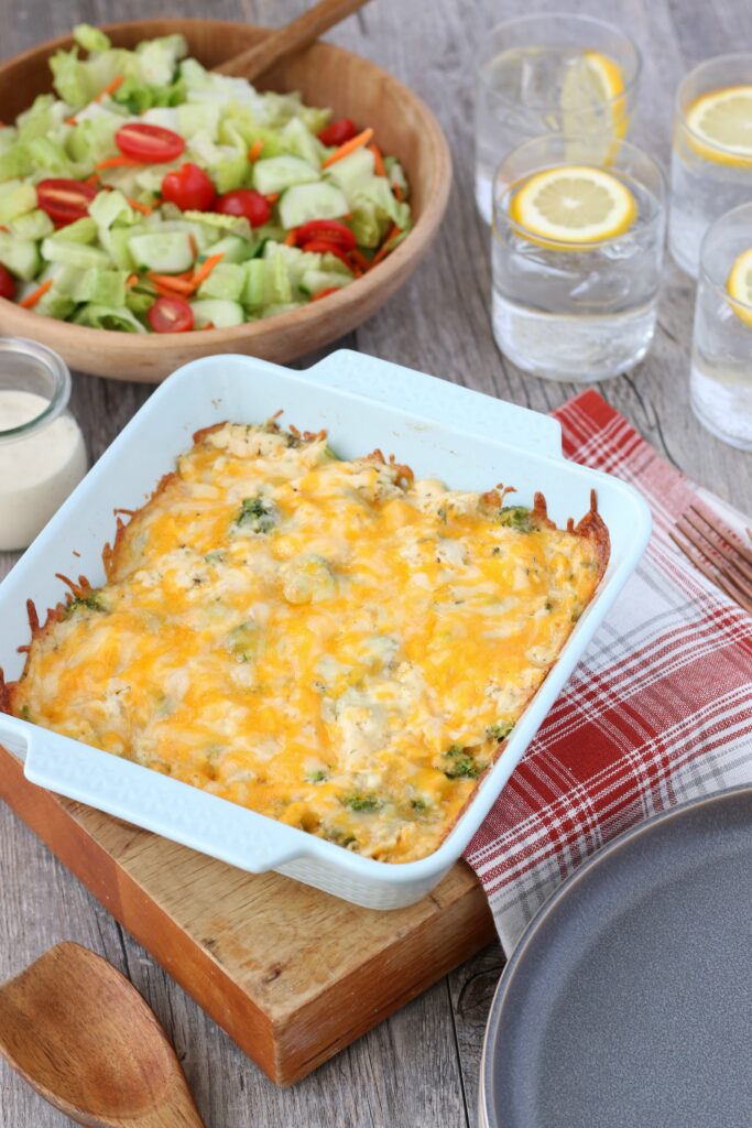 Baked low carb chicken casserole with broccoli fresh from the oven. 