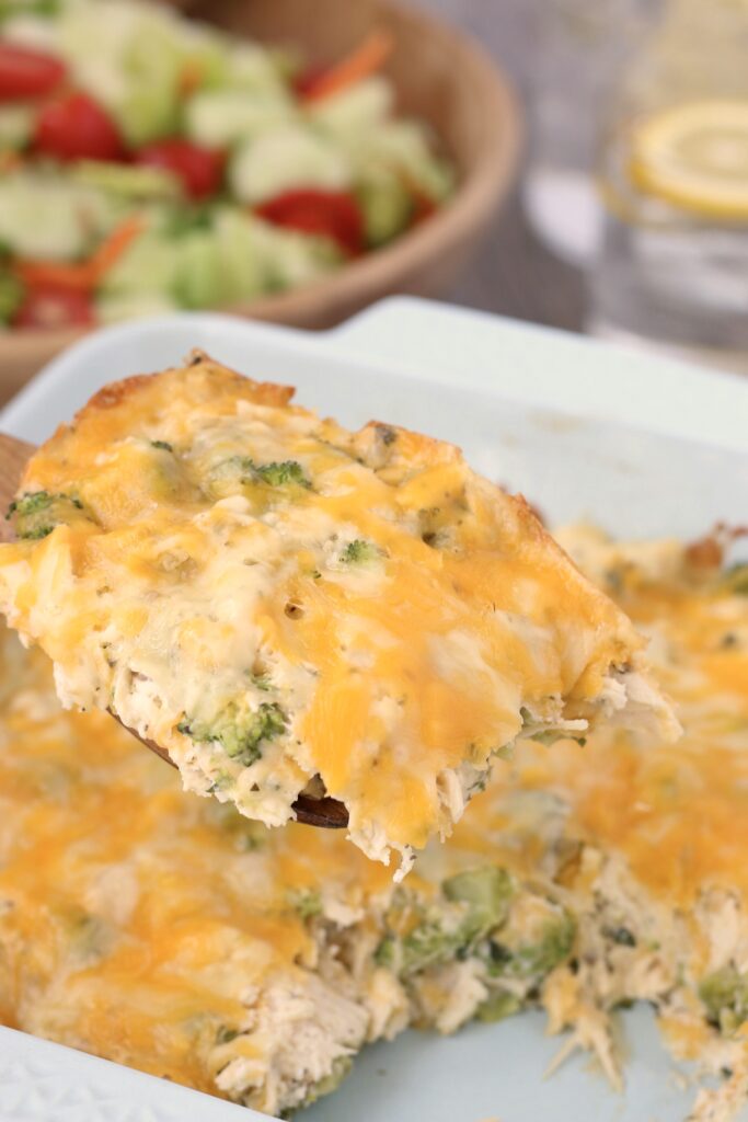 Keto chicken and broccoli baked and cut, ready to be plated and enjoyed.