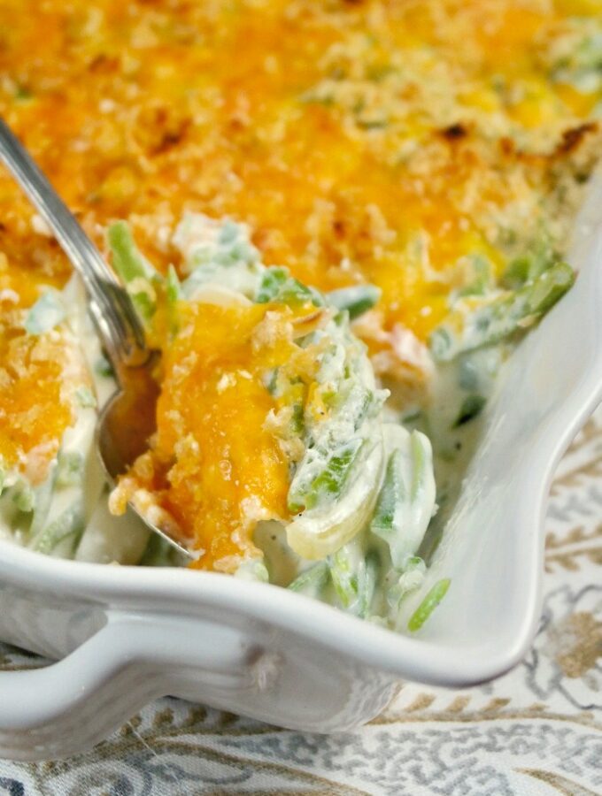keto green bean casserole with cheese on top