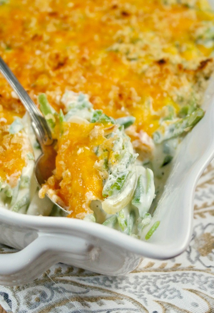 keto green bean casserole with cheese on top