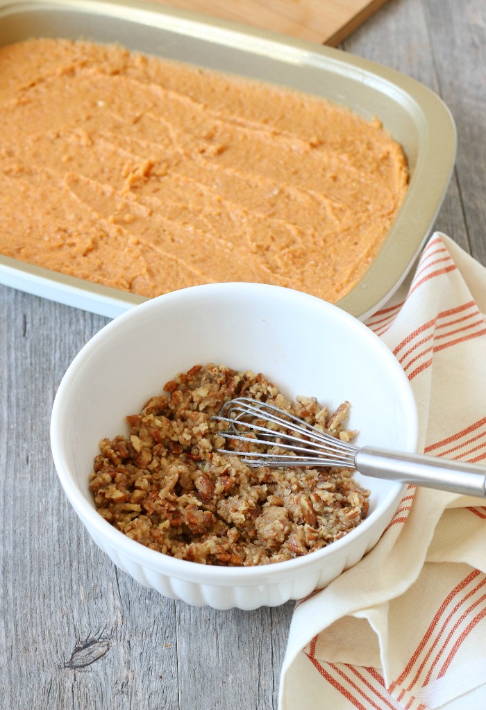 Pecan topping mixed up and ready to spread on the base layer of the sweet potato casserole recipe.