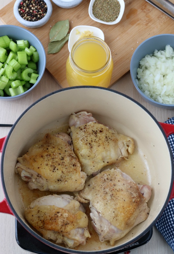 We are browning the chicken thighs to make low carb chicken soup.