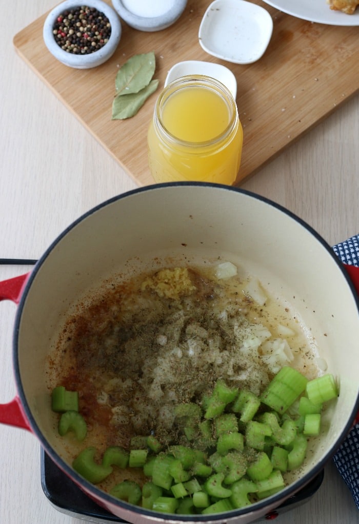 Adding seasonings to the cooking vegetables helps to add lots of flavor to this keto chicken soup.