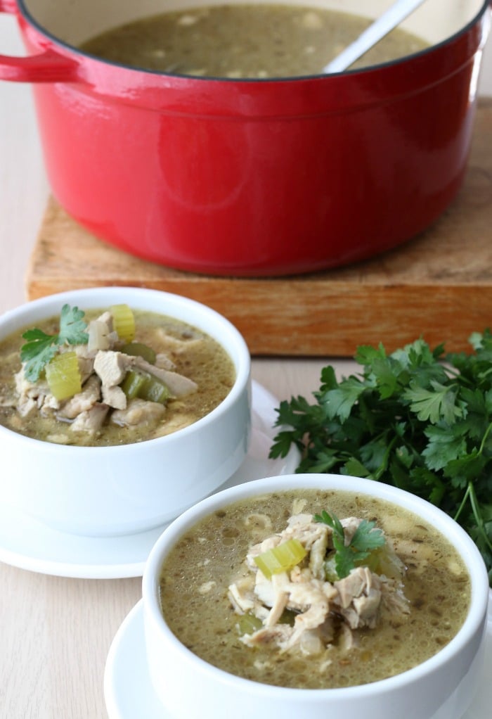 Bowls of low carb chicken soup served up and ready to be enjoyed.