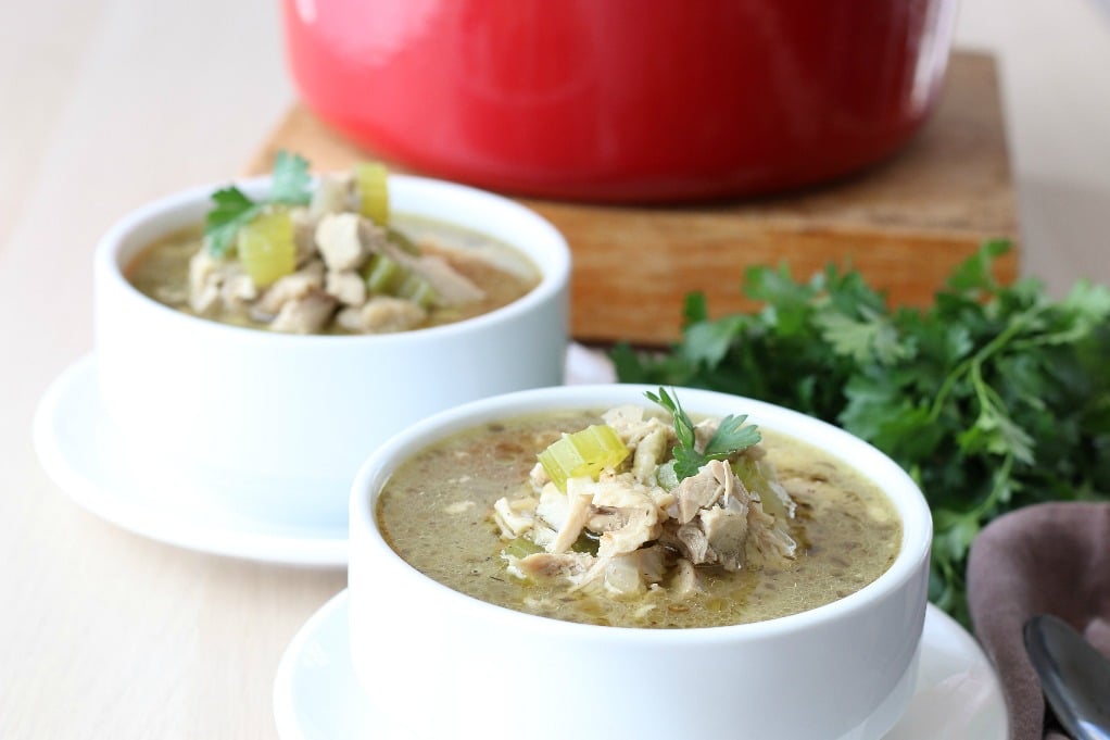 A horizontal shot of the finished low carb chicken soup.