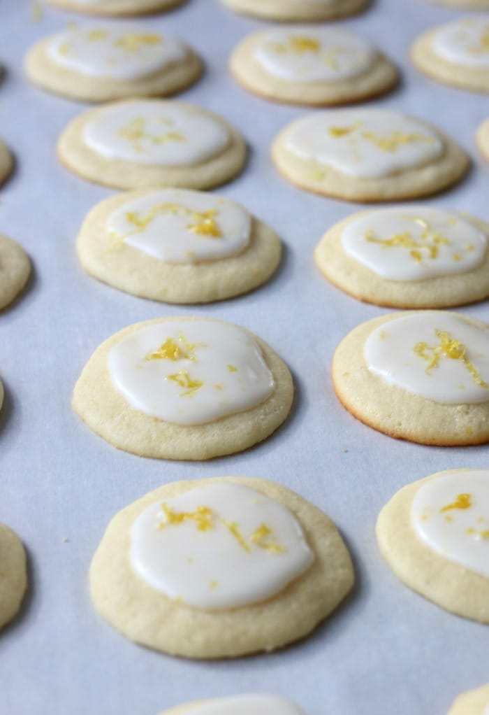 All of the delicious lemon ricotta cookies are lined up, iced, and ready to be eaten.