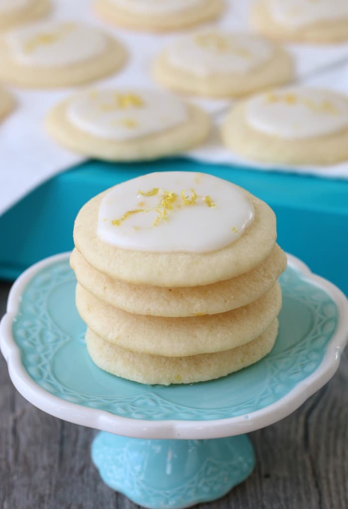 A little stack of the finished cookies on a cupcake stand, so beautiful and ready to eat.