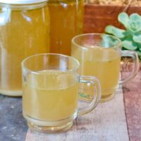 Two clear cups of turkey stock made in an Instant pot