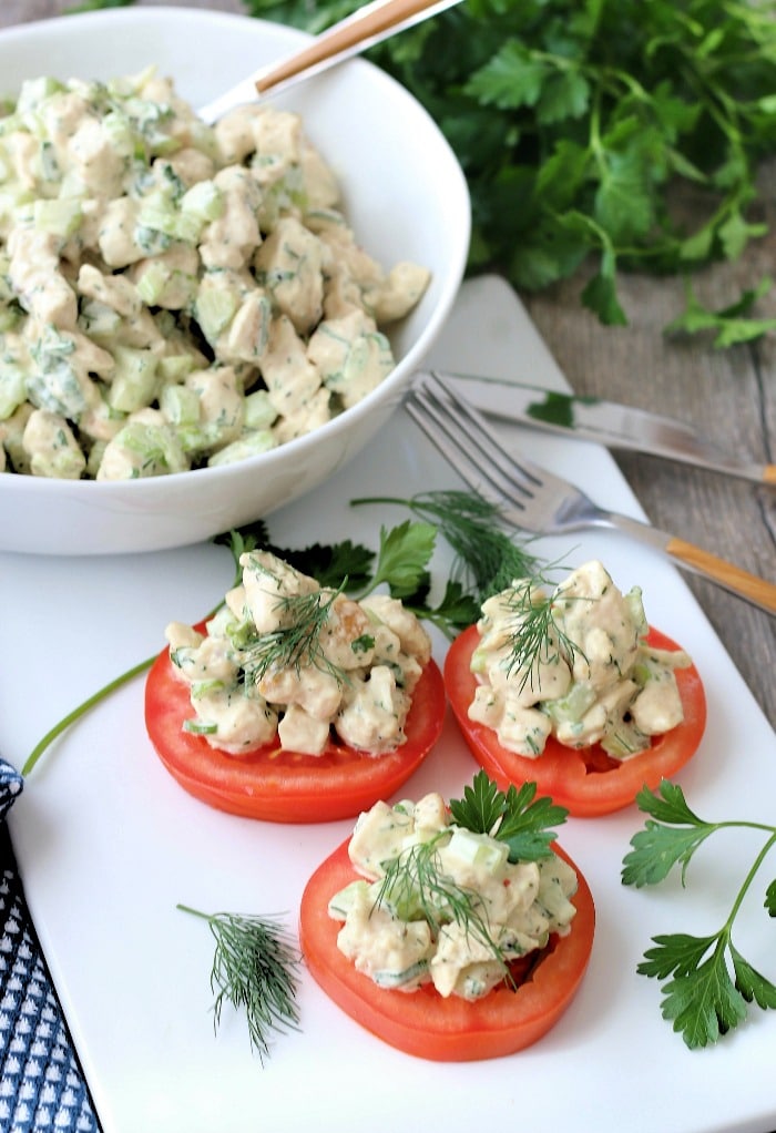 A finished view of the delicious keto chicken salad recipe. 