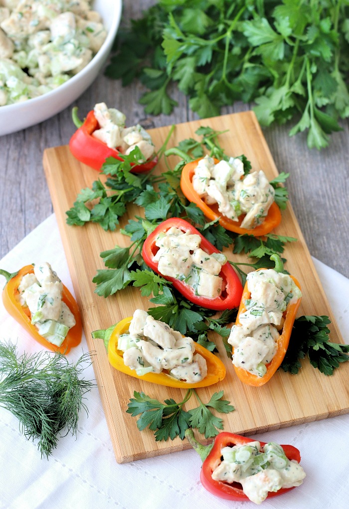 The finished keto chicken salad in sweet pepper halves. 