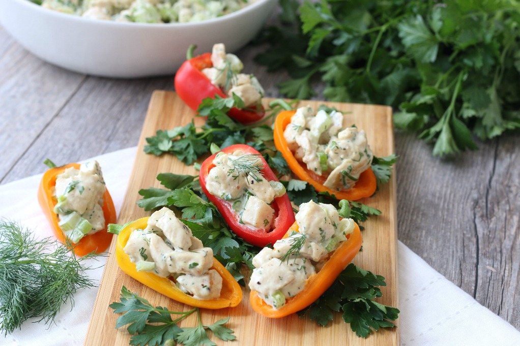 Horizontal view of the finished keto salad recipes with chicken in peppers.