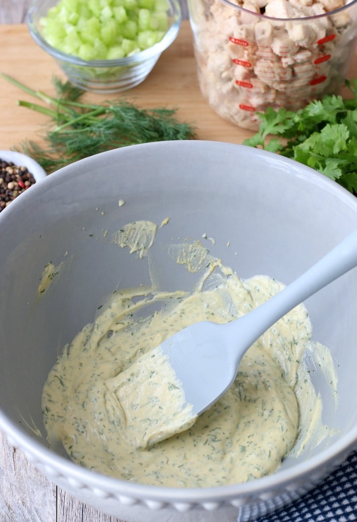 Here we see the next step in making low carb chicken salad recipe. 