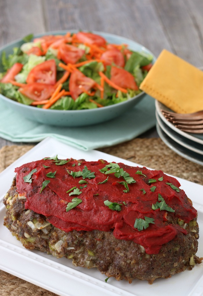 The finished keto meatloaf recipe is baked and ready to serve.