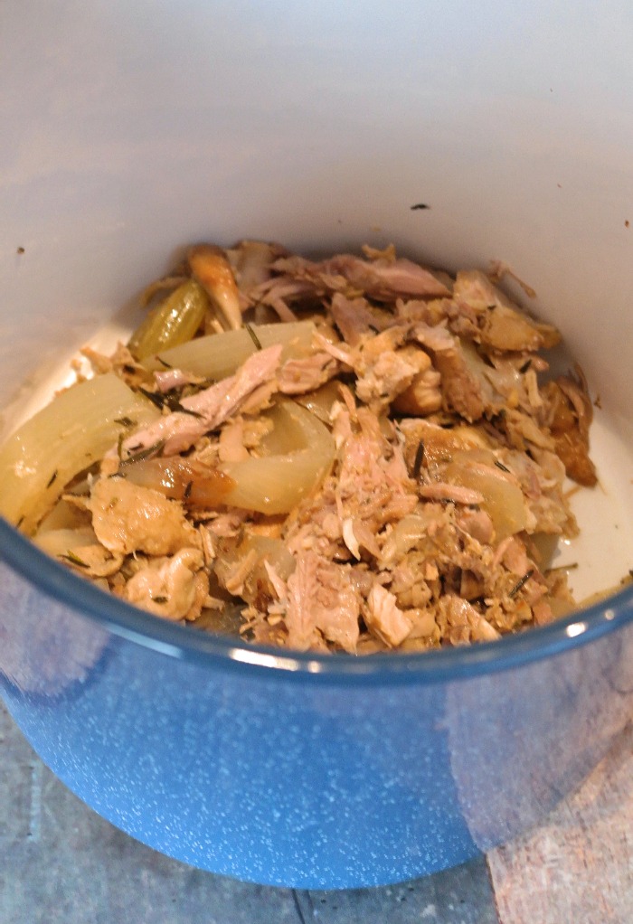 Turkey pieces in a blue stock pot for turkey soup recipe