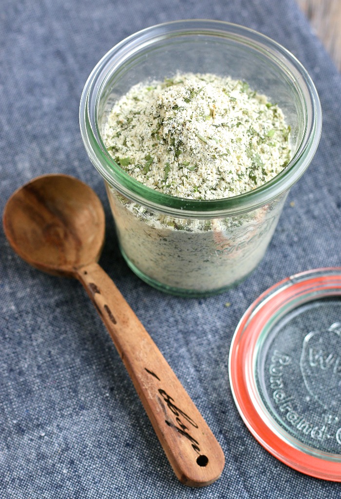 The finished ranch dressing mix goes into a container so we can keep it stored for quick and easy access. 