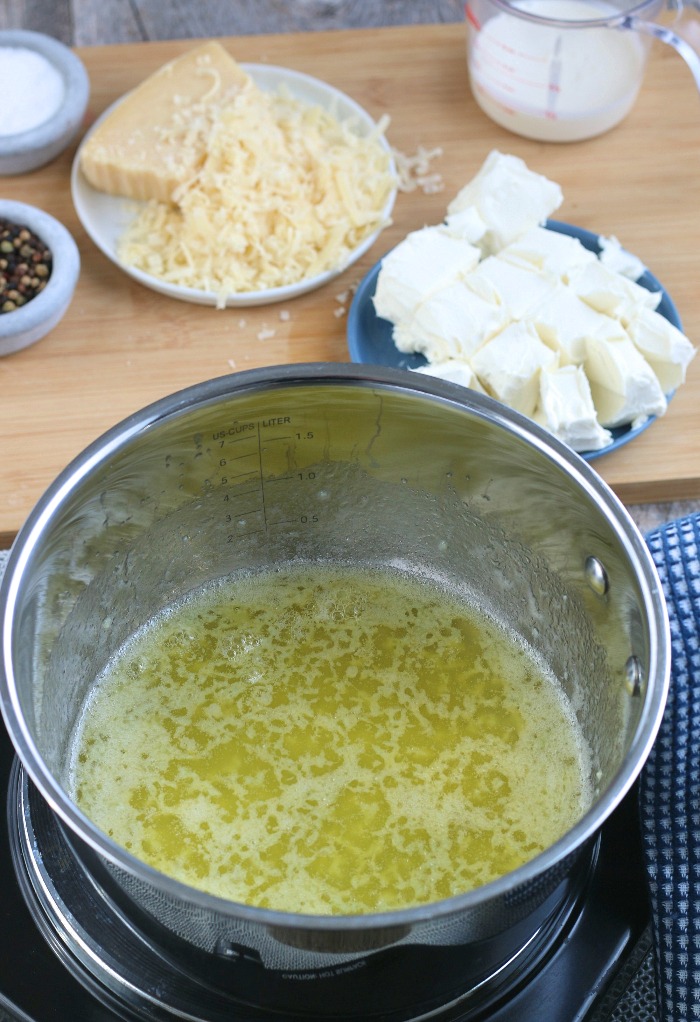 Here we see the very beginning of our keto alfredo sauce recipe, the melted butter ready to have more ingredients added!