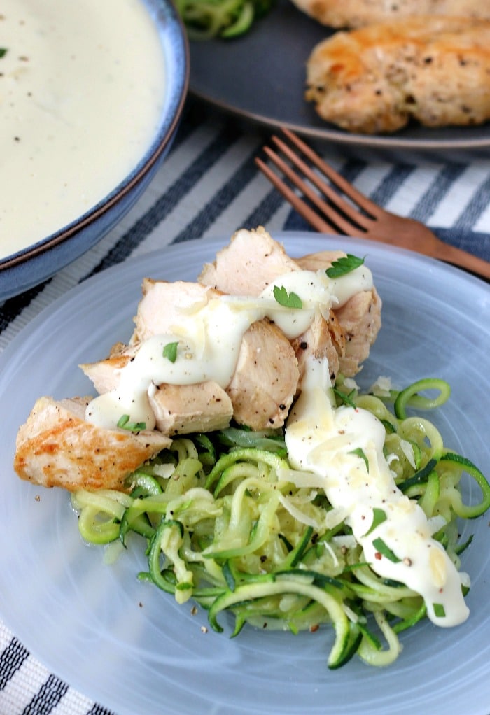 Keto alfredo sauce goes great with traditional noodles or with zoodles for a completely keto friendly meal. 