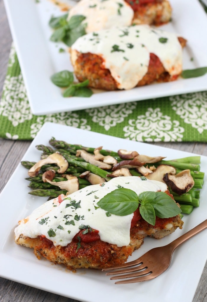 A shot of the finished low carb chicken parmesan recipe finished and put on a plate ready to be enjoyed. 