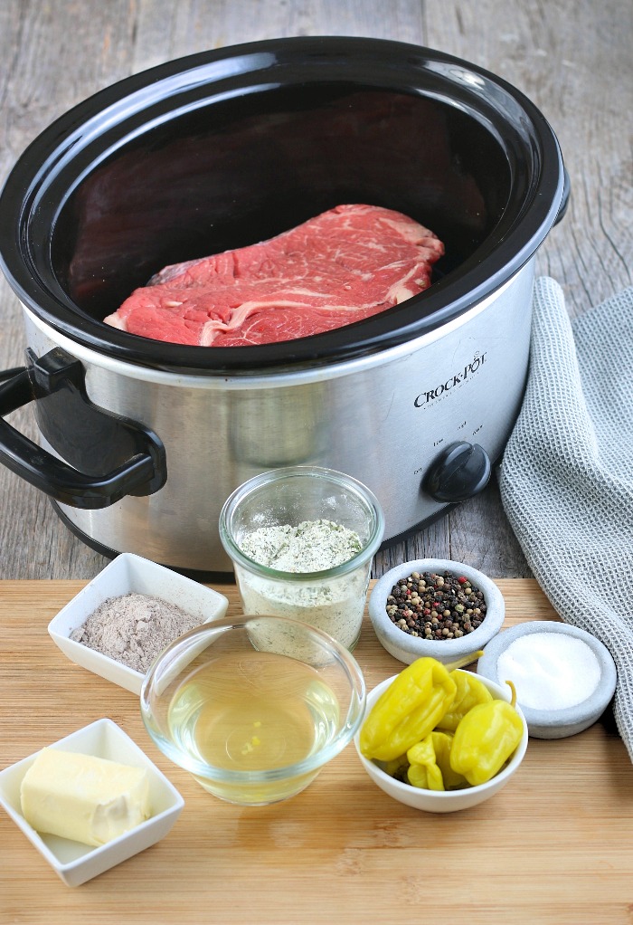 All of our ingredients needed to make a delicious Mississippi pot roast laid out and ready to be added to the Crockpot. 