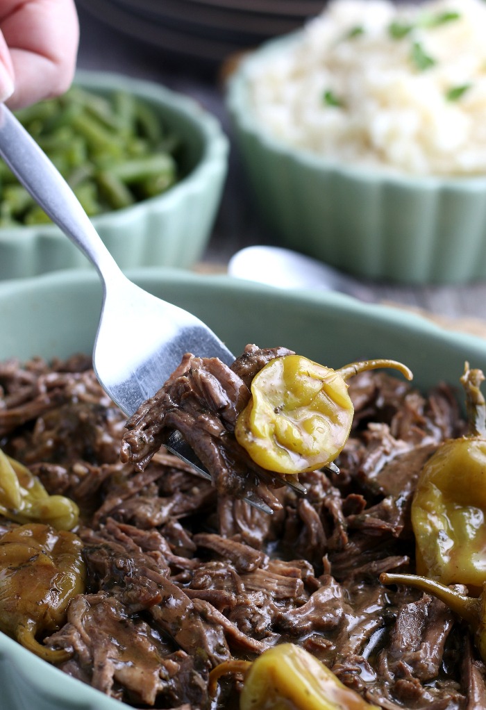 The Finished Mississippi roast in Crockpot comes out tender and easy to pull apart. 