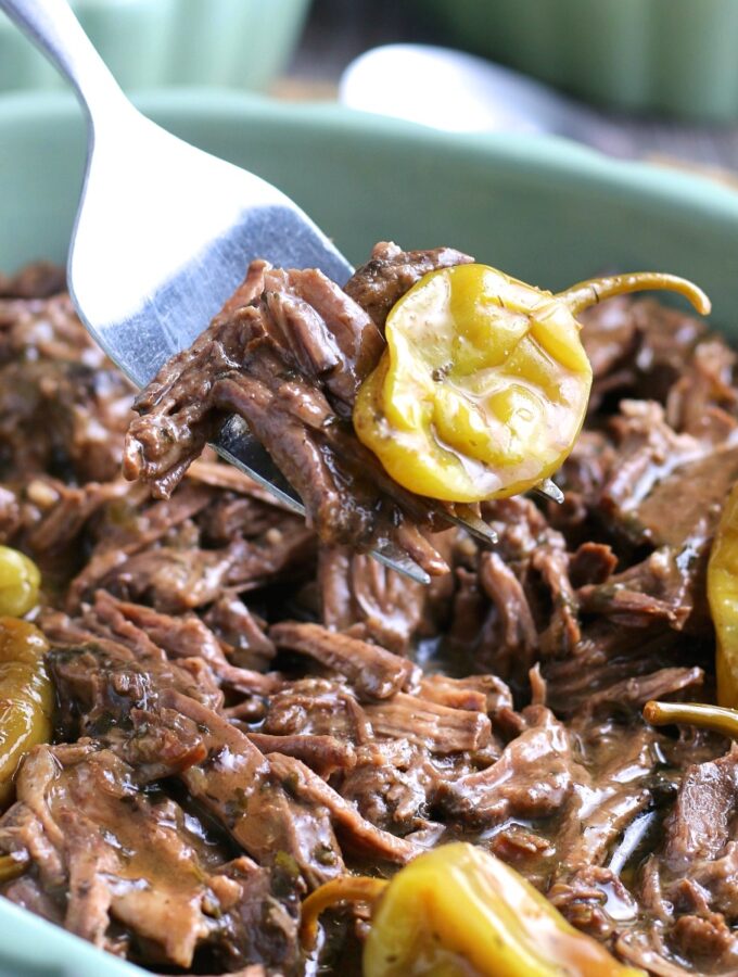 The Finished Mississippi roast in Crockpot comes out tender and easy to pull apart.