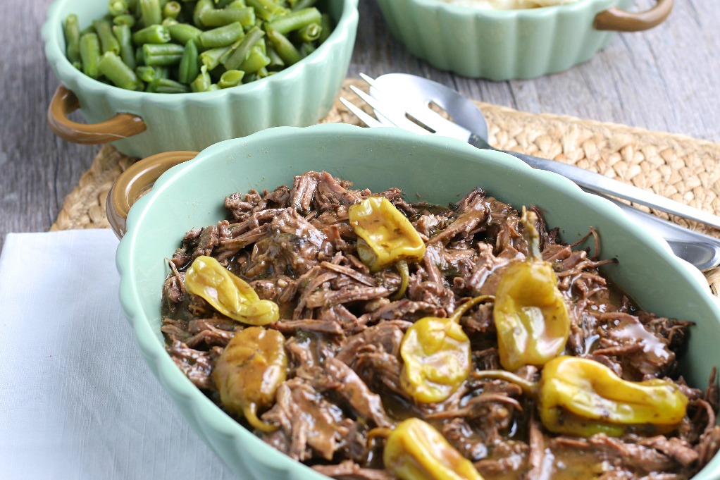 A horizontal view of the finished Mississippi pot roast recipe ready to be shared and enjoyed. 