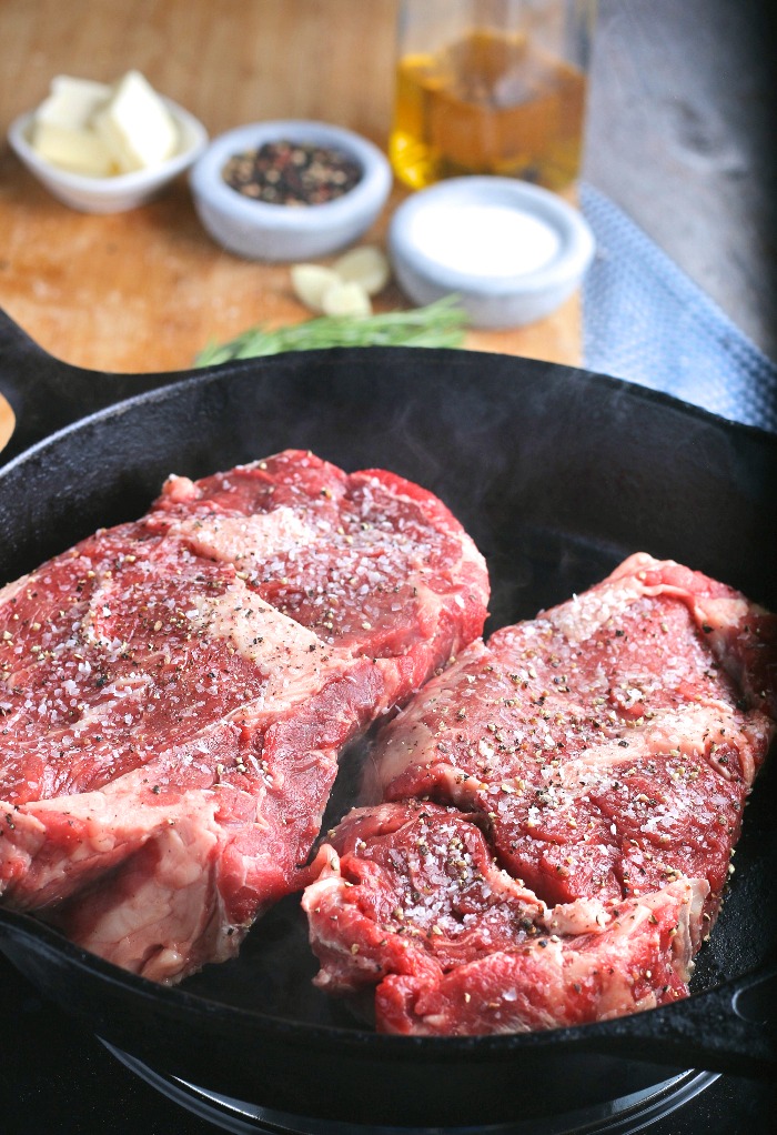 Up next for how to cook a steak in a frying pan is putting the steak into a hot skillet. 