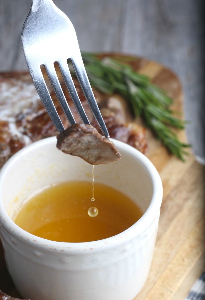 Here we see a close up shot of the finished steak after searing, a perfect bite ready to be enjoyed.